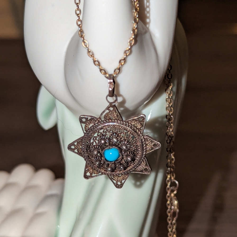 Vintage Silver Tone Washed Artisan Turquoise Bead  Star Shaped Pendant